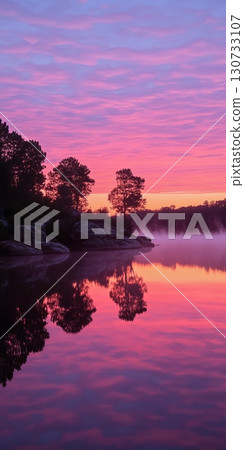 Serene Morning Lakeside Landscape Scene with Forest Reflected Across Vibrant Sunrise Color Waters 130733107