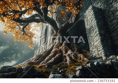 Majestic Oak Tree With Powerful Roots Embracing Ancient Stone Walls in Autumn Generative AI 130733191