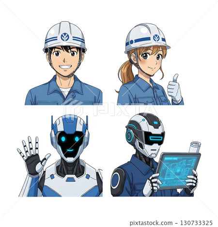 Builders dressed in protective vests and helmets. Construction worker character 130733325