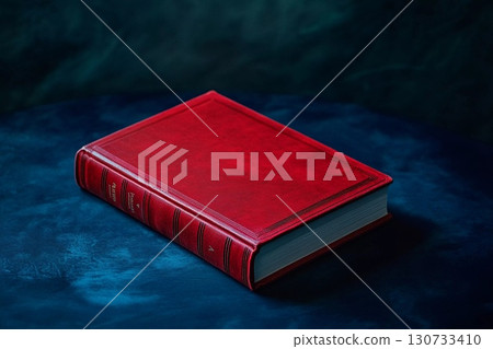 Elegant Red-Bound Book Resting Gracefully on a Dark Blue Table Generative AI 130733410