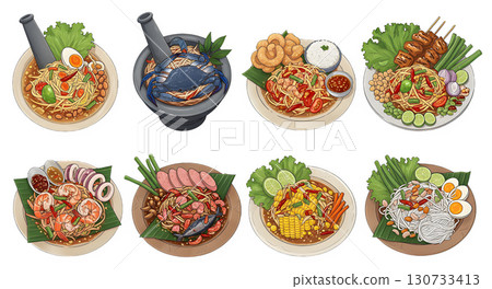 papaya salad Thai food set. illustration design 130733413