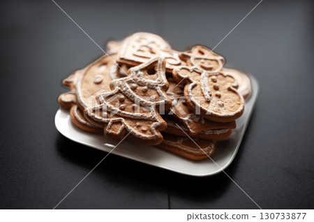 A plate of Christmas cookies with a tree and snowman on it 130733877