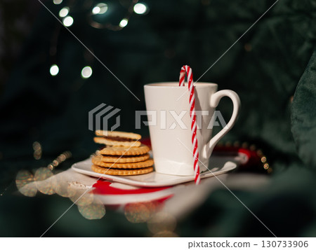 A white mug with a red 130733906