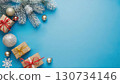 Blue background with a Christmas tree and presents. The presents are wrapped in brown paper and are placed in a row 130734146