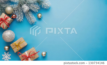 Blue background with a Christmas tree and presents. The presents are wrapped in brown paper and are placed in a row Blue background with a Christmas tree and presents. The presents are wrapped in brown paper and are placed in a row 130734146