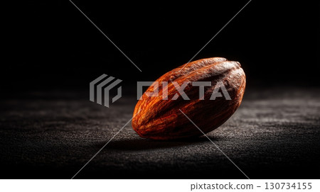 Nut is sitting on a dark surface. The nut is brown and has a rough texture. 130734155