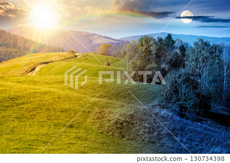 countryside mountain landscape on autumn equinox. day and night time change concept. trees in colorful foliage on the hill. rustic scenery under cloudless blue sky with sun and moon at twilight 130734398