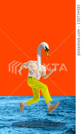 Minimalist pop art collage. Swan headed man running on sea water in surreal bright fashion scene Minimalist pop art collage. Swan headed man running on sea water in surreal bright fashion scene 130734485