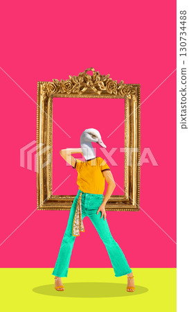 Modern composition. Swan headed model posing in golden frame on bright background Modern composition. Swan headed model posing in golden frame on bright background 130734488