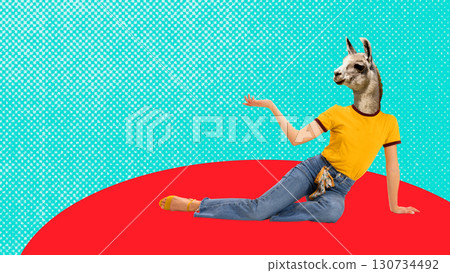 Creative collage template. Llama headed woman in casual outfit posing on colorful stage 130734492