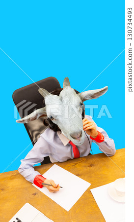 Bold artwork. Goat headed employee working at desk with headset Bold artwork. Goat headed employee working at desk with headset 130734493