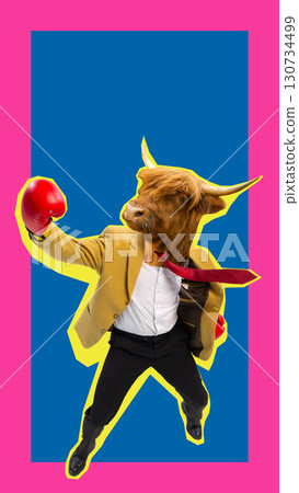 Trendy pop art collage. Businessman with bull head in boxing gloves 130734499