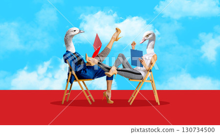 Creative digital artwork. Two office workers with bird heads sitting on chairs Creative digital artwork. Two office workers with bird heads sitting on chairs 130734500