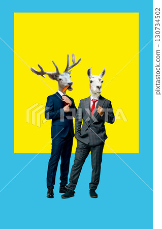 Bold colorful poster. Two businessmen with animal heads in suits on yellow background 130734502