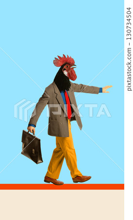 Bold graphic composition. Walking businessman with rooster head holding briefcase 130734504