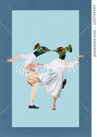 Dancing couple with peacock heads in surreal collage on pastel background 130734507
