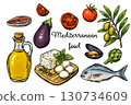 Mediterranean food engraving set with healthy ingredients 130734609