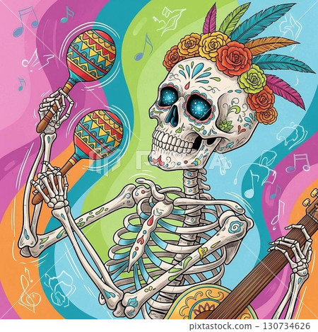 A cheerful skeleton playing maracas. A cheerful skeleton playing maracas. 130734626