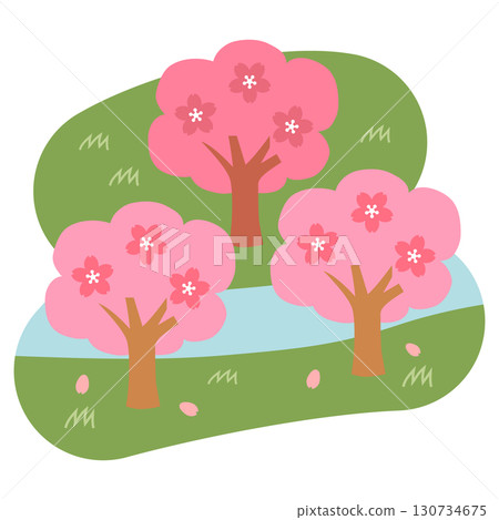 沿河盛開的一排櫻花樹的插圖 130734675