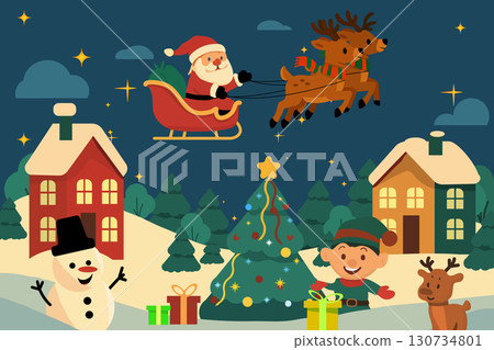 Cartoon Christmas Village with Santa Sleigh and Snowy Houses Flat Vector Illustration. Cartoon Christmas Village with Santa Sleigh and Snowy Houses Flat Vector Illustration. 130734801