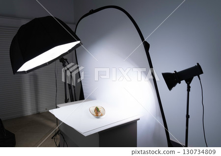 A professional food photography studio setup with an octabox and large diffuser 130734809