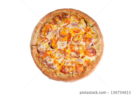 A delicious pepperoni pizza with bacon and tomatoes 130734813