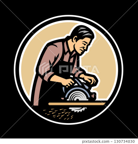 Carpenter with circular saw logo, emblem on dark background. 130734830