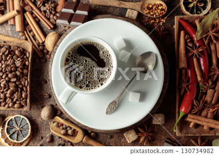 Various spices and seasonings for making aromatic coffee-based drinks. 130734982