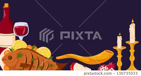 Traditional Jewish holiday Rosh Hashanah symbol shofar, fish, kiddush wine bottle, glass, candle, apple, pomegranate on dark purple background in cartoon style. Traditional Jewish holiday Rosh Hashanah symbol shofar, fish, kiddush wine bottle, glass, candle, apple, pomegranate on dark purple background in cartoon style. 130735033