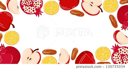 Border frame for Jewish holiday with apple, pomegranate, lemon dates on white background in flat style. Border frame for Jewish holiday with apple, pomegranate, lemon dates on white background in flat style. 130735034