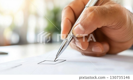 Close-up of a hand with a silver pen ticking a checkbox on a printed checklist, perfect for management training visuals. Survey research answer checklist 130735146