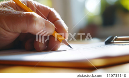 Close view of a hand holding a pencil above a paper checklist with dramatic side lighting for educational decision-making. Survey research answer checklist 130735148
