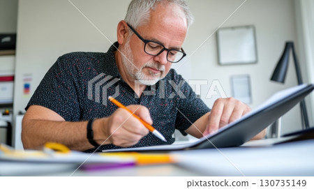Mature Caucasian male completing performance review survey on a tablet in a modern office setting. Survey research answer checklist 130735149