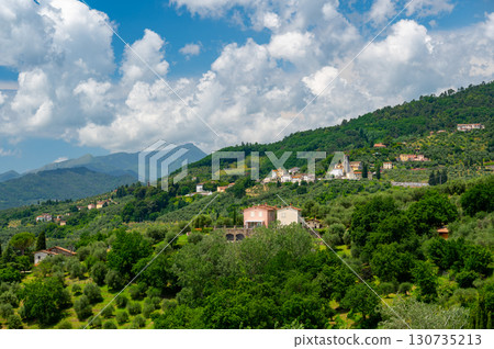 Scenic landscape of northern Tuscany, Italy, featuring vineyards, olive groves, and traditional countryside houses with hills and green mountains in the background. Scenic landscape of northern Tuscany, Italy, featuring vineyards, olive groves, and traditional countryside houses with hills and green mountains in the background. 130735213