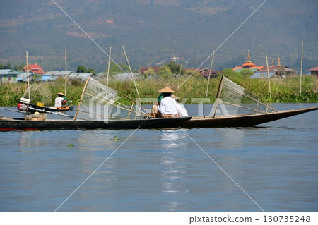 Myanmar, Inle Lake, Inta fishermen, fishing nets, boats 130735248