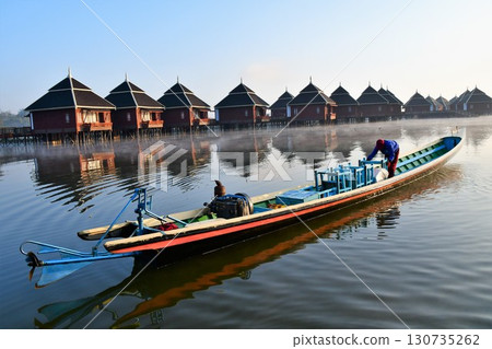 Myanmar, Inle Lake, floating cottages, tourist boats 130735262