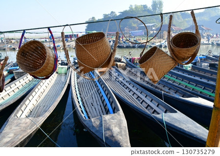 Myanmar, Inle Lake, Nam Pan Village morning market, 5-day market, wharf, boat, small boat, basket Myanmar, Inle Lake, Nam Pan Village morning market, 5-day market, wharf, boat, small boat, basket 130735279