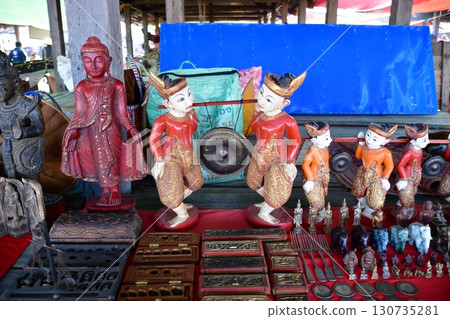 Myanmar, Inle Lake, Nam Pan Village Morning Market, Fifth Day Market, tourist souvenirs, dolls in traditional costumes Myanmar, Inle Lake, Nam Pan Village Morning Market, Fifth Day Market, tourist souvenirs, dolls in traditional costumes 130735281
