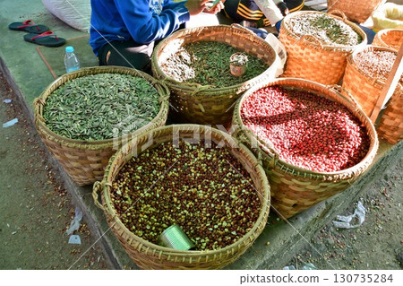 Myanmar, Inle Lake, Nam Pan Village Morning Market, 5-day market, street stall, bean seller Myanmar, Inle Lake, Nam Pan Village Morning Market, 5-day market, street stall, bean seller 130735284