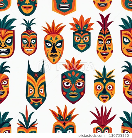 A colorful repetitive pattern of stylized Hawaiian tiki masks and pineapples A colorful repetitive pattern of stylized Hawaiian tiki masks and pineapples 130735350