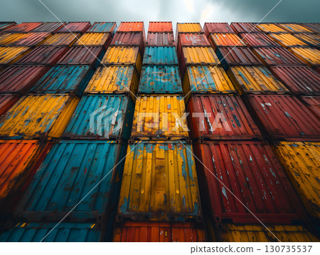 Towering Stack of Colorful Shipping Containers Under Dramatic Sky Towering Stack of Colorful Shipping Containers Under Dramatic Sky 130735537