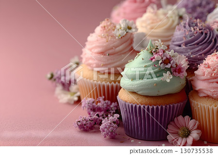 Pastel Cupcakes with Floral Decorations on Pink Surface 130735538