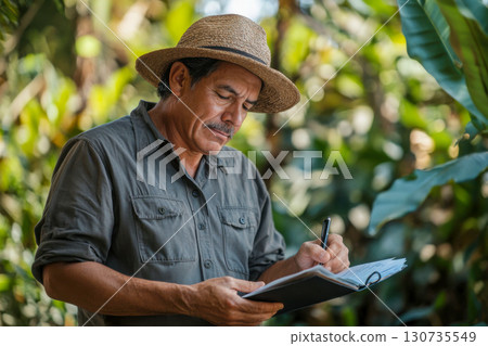 Farmer in straw hat writing notes with pen in a notebook. Dedicated worker documenting observations outdoors among green foliage plants. Farmer in straw hat writing notes with pen in a notebook. Dedicated worker documenting observations outdoors among green foliage plants. 130735549