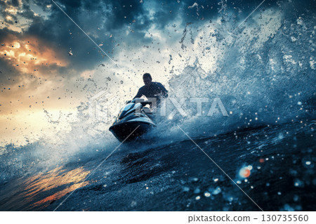 Dynamic silhouette of person riding a fast jet ski on dark ocean waves. Huge water splash and spray against dramatic sunset sky. Action sport adventure. 130735560
