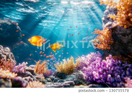 Vibrant coral reef with two yellow fish swimming. Bright sunlight rays penetrate clear blue ocean water, illuminating colorful underwater marine life. 130735578