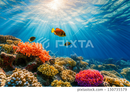 Vibrant coral reef underwater with colorful tropical fish swimming. Bright sun rays penetrate clear blue ocean water, illuminating the diverse marine ecosystem. 130735579