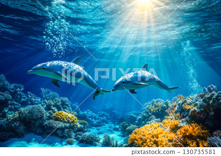 Two sleek dolphins gracefully swimming together through the deep blue ocean water. Bright sun rays illuminate a vibrant coral reef below with sparkling bubbles. 130735581