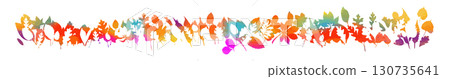 Long horizontal banner and background with autumn colored leaves. hand drawn. Not AI, Vector illustration Long horizontal banner and background with autumn colored leaves. hand drawn. Not AI, Vector illustration 130735641
