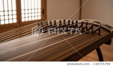 Traditional Korean Gayageum Zither in Hanok Interior with Natural Lighting 130735709