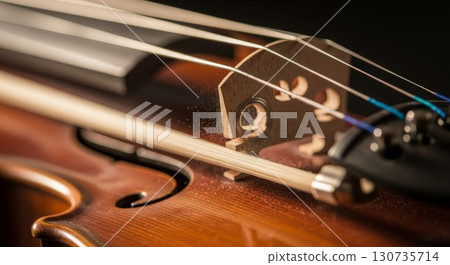 Close-up Detail of Violin Strings and Bridge with Shallow Depth of Field 130735714